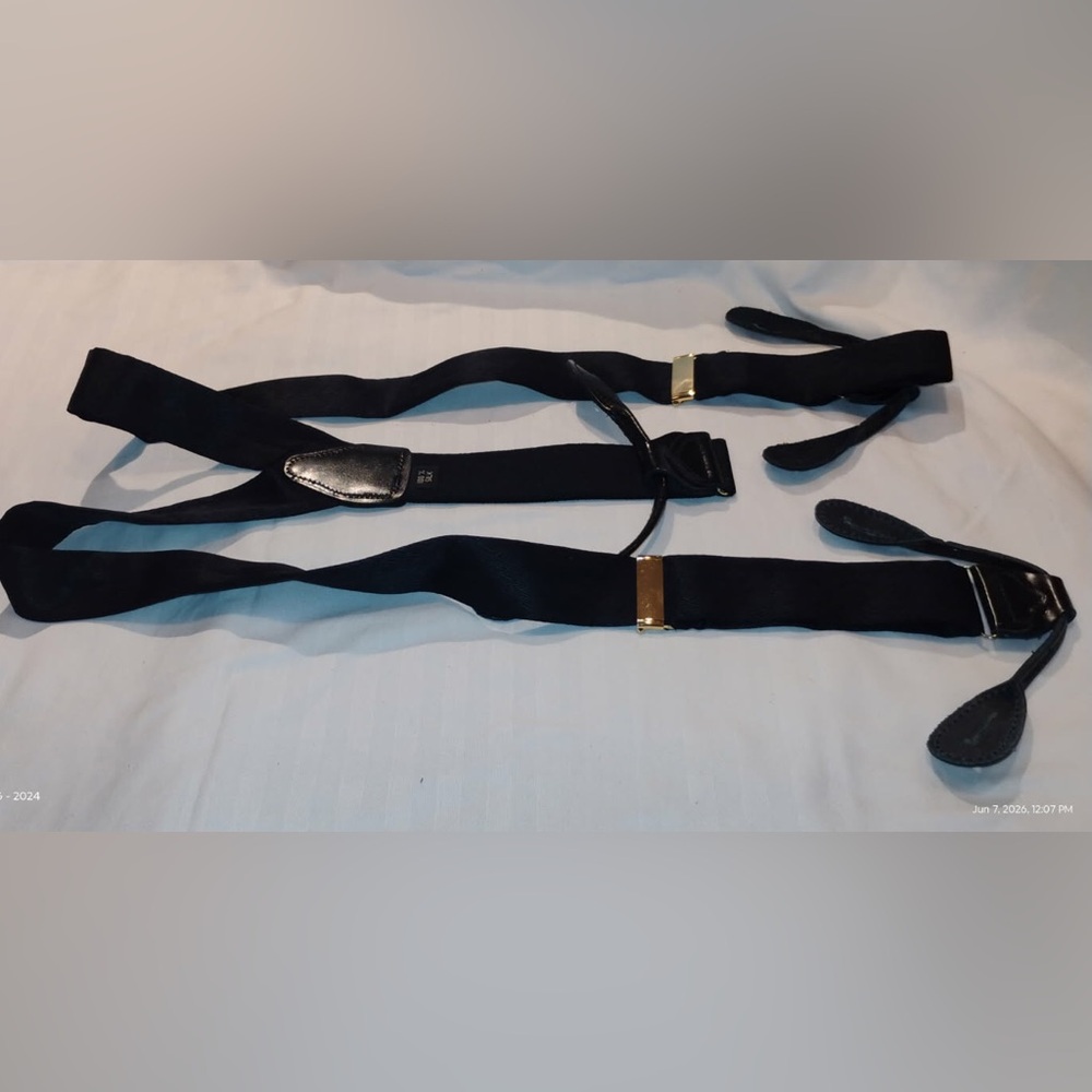 Black Men’s Adjustable Silk Braces/  Suspenders with Gold Hardware